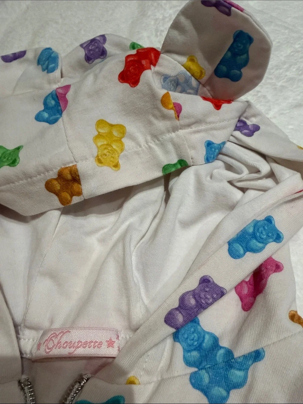White Kids Hooded Pajama Nightgown with Multicolor Gummy Bear Print